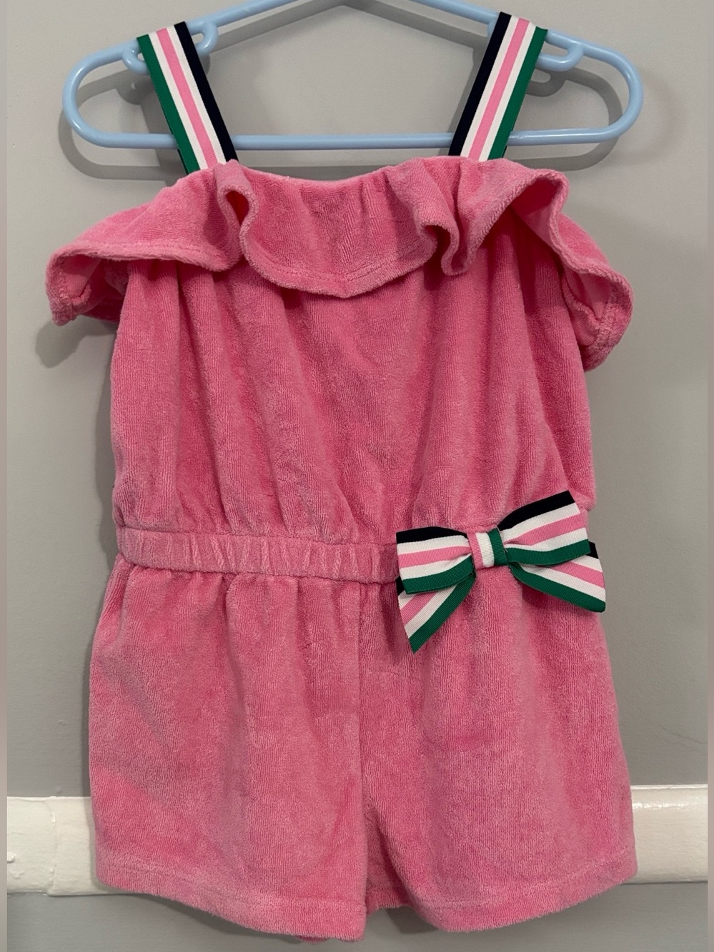 Janie and Jack Pink Terry Romper with Striped Bow Accent
